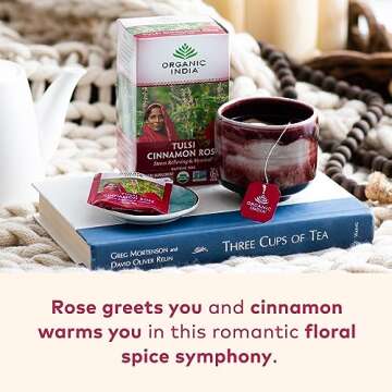 ORGANIC INDIA Tulsi Cinnamon Rose Tea Bags - Tulsi Rose Tea Bags, Cinnamon Tea Bags with Holy Basil, Chamomile, Stevia, USDA Certified Organic Caffeine Free Herbal Tea - 18 Infusion Bags, 1 Pack