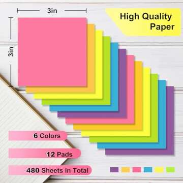 OHOME Sticky Notes - 12 Pads, 3”x3” - Colorful Self-Stick Post Notes Bulk - Office Desk Accessories | Teacher Classroom Must Haves,Aesthetic School Supplies for Home,Valentines Day Gifts