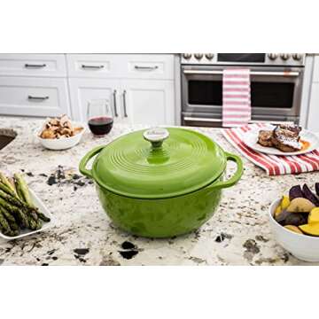 Lodge 6 Quart Enameled Cast Iron Dutch Oven with Lid – Dual Handles – Oven Safe up to 500° F or on Stovetop - Use to Marinate, Cook, Bake, Refrigerate and Serve – Avocado