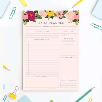 Bliss Collections Daily Planning Pad, To Do List Notebook - Pink Floral - Undated Tear-Off Sheets Notepad - Day or Work Calendar, Organizer, Scheduler for Goals, Tasks, Ideas - 8.5" x 11", 50 Sheets