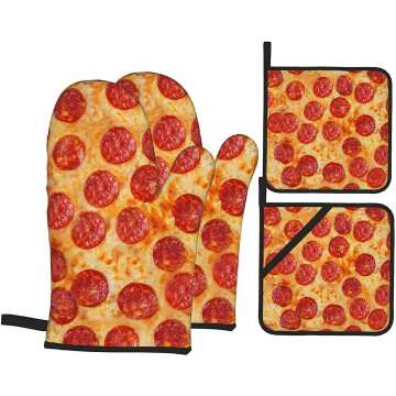 Pizza Oven Mitts and Pot Holders Sets Set of 4，Resistant Hot Pads Non-Slip Cotton Lining Gloves for Kitchen Baking Cooking Grilling