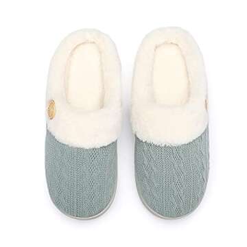 Chantomoo Womens Slipper Warm Comfy Memory Foam House Slippers Knitted Shoes Faux Fur Lined Anti-Skid Rubber Sole Bedroom Cozy Indoor Outdoor Slippers Green Size7 8 6.5