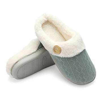 Chantomoo Womens Slipper Warm Comfy Memory Foam House Slippers Knitted Shoes Faux Fur Lined Anti-Skid Rubber Sole Bedroom Cozy Indoor Outdoor Slippers Green Size7 8 6.5