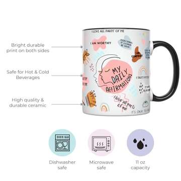 YouNique Designs Daily Affirmations Self Care Mug for Women, 11 Ounces, Mental Health Cup, Empowering Women Coffee Mug, Mindfulness Mug, Encouragement Cup for Women (Black Handle)