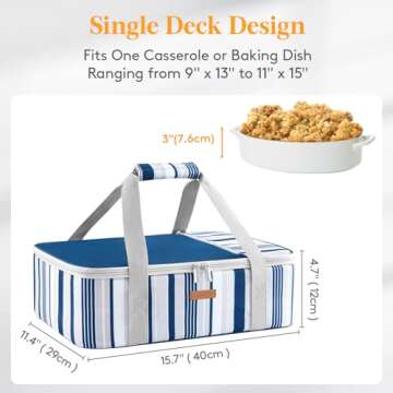 LUNCIA Insulated Casserole Carrier for Hot or Cold Food, Lasagna Lugger Tote for Potluck Parties/Picnic/Cookouts, Fits 9"x13" Baking Dish, Blue