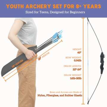 40" Youth Bow and Arrow Set for Kids 8-12 & Teens - Ambidextrous Recurve Archery Gear with 9 Safety Arrows, 4 Target Faces, Arm Guard - Perfect Backyard Gift for Beginner Archers and Outdoor Fun