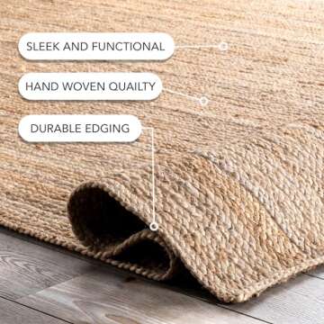 nuLOOM 6x9 Rigo Jute Hand Woven Area Rug, Natural, Solid Farmhouse Design, Natural Fiber, For Bedroom, Living Room, Dining Room, Hallway, Office, Kitchen, Entryway