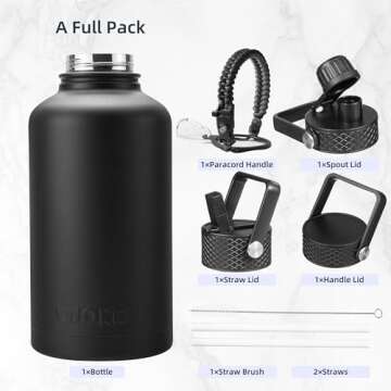 BJPKPK Half Gallon Insulated Water Bottles with Straw Lid,64oz Large ,Stainless Steel Water Bottles with 3 Lids and Paracord Handle for Hot & Cold Liquid, Black