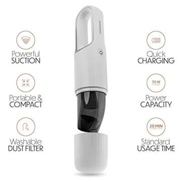 STARUMENT Portable Hand Vacuum Cleaner Handheld Cordless Cleaner for Dust Pet Hair Dirt, Home, Car Interior, Lightweight, Easy to Use, Compact Design Battery Rechargeable with USB-C Cable White