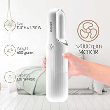 STARUMENT Portable Hand Vacuum Cleaner Handheld Cordless Cleaner for Dust Pet Hair Dirt, Home, Car Interior, Lightweight, Easy to Use, Compact Design Battery Rechargeable with USB-C Cable White