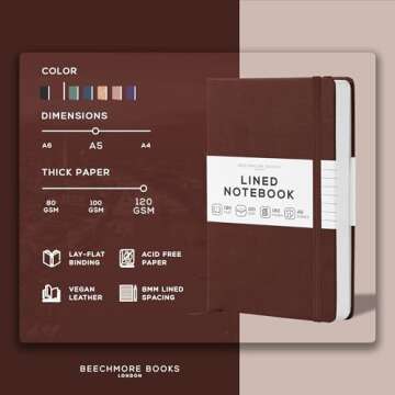 BEECHMORE BOOKS Lined Journal Notebook, 5.8 x 8.3 inch, A5 160 Lined Pages, Hardcover Leather Journals for Women, Men, Writing and Notebooks for Work - 120 GSM Thick Paper, Gifts Box Included (Chestnut Brown)