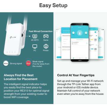 TP-Link AC1200 WiFi Extender, 2023 Engadget Best Budget pick, 1.2Gbps signal booster for home, Dual Band 5GHz/2.4GHz, Covers Up to 1500 Sq.ft and 30 Devices ,support Onemesh, One Ethernet Port (RE315)