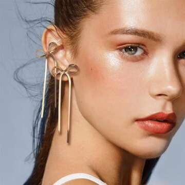 JeanBeau Gold Bow Dangle Drop Tassel Earrings for Women Statement Elegant Long Chain Dangly Ribbon Fringe Waterfall Dangling Wedding Prom Fashion Jewelry Gift