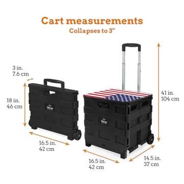 Inspired Living Collapsible Ultra-Slim Pack-N-Roll,2 Wheel Utility Cart w/Lid Used as Seat up to 250 Lbs, Telescopic Handle, Super Strong, for Home,Garden,Shopping,Office,School, Large, American Flag