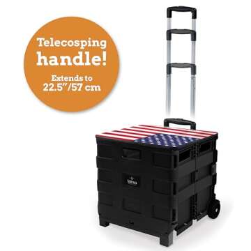 Inspired Living Collapsible Ultra-Slim Pack-N-Roll,2 Wheel Utility Cart w/Lid Used as Seat up to 250 Lbs, Telescopic Handle, Super Strong, for Home,Garden,Shopping,Office,School, Large, American Flag