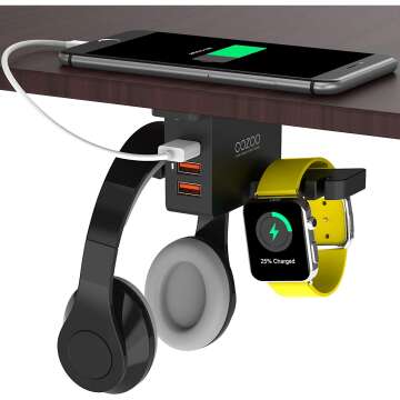 COZOO Under Desk Headphone Stand with USB Charger