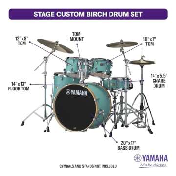 Yamaha Stage Custom Birch 5pc Shell Pack with a 22" Kick 14” Snare Drum in Matte Surf Green for Students and Working Drummers (SBP2F50MSG)