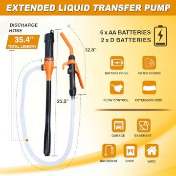 Portable Power Battery Pump, Portable Transfer Pump, Battery Powered, for Transferring Gasoline, Fuel Oil, Diesel and Water, 2.2 GPM, Manual Fuel Pump, Multi-Purpose Siphon Fuel Transfer Pump (Orange)