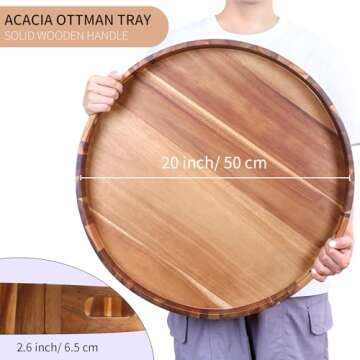 Extra Large 20INCH Premium Acacia Wood Tray Round Ottoman Tray with Handles Wooden Serving Tray Multi-Use for Dinner Breakfast in Bed Coffee Table Snack Entertaining Guests