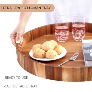 Extra Large 20INCH Premium Acacia Wood Tray Round Ottoman Tray with Handles Wooden Serving Tray Multi-Use for Dinner Breakfast in Bed Coffee Table Snack Entertaining Guests