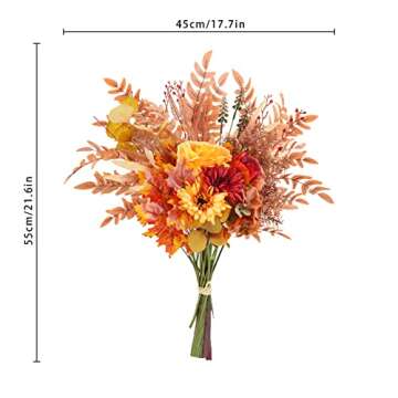 Ruidazon Artificial Fall Flowers Bouquets, 21.6” Autumn Fake Silk Orange Flowers Wedding Bouquets with Fall Florals Stems for Bridal Bridesmaid, Rustic Home Thanksgiving Table Centerpiece Decor