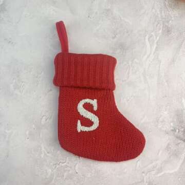 7 Inch Mini Monogram Stocking Red Christmas Initial Letter S Cable Knit Stockings with Cuffs Cute Xams Alphabet Decorations for Home Family Fireplace Hanging Gifts DIY Decor