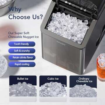 KOVIET Nugget Ice Makers Countertop, Soft Pebble Ice Machine, Chewable Crushed Pellet Ice 42lbs/Day, Self-Cleaning Drainpipe Ice Maker for Party, Home, Kitchen, Bar, Office, Black