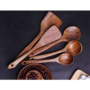 Detomato 6pcs Wooden Healthy Cooking Kitchen Utensil Set Natural Nonstick Hard Wooden Spatulas and Spoons Eco-Friendly Safe Kitchen Cooking Tools BPA Free Non Toxic