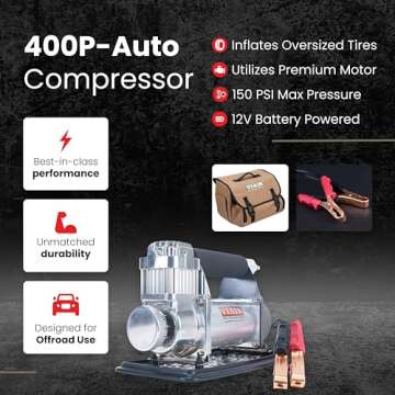 VIAIR 400P/40045 Automatic Portable Compressor, Tire Inflator Kit, Air Compressor for Truck, Jeep, SUV, and Car Tires, Portable Air Pump Kit, Car Accessories, 33% Duty Cycle, 150 PSI/2.30 CFM