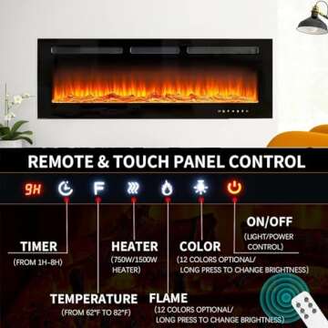 oneinmil Electric Fireplace, 50 inch Wide Recessed/Wall Mounted Electric Fireplace, Remote Control with Timer 12 Adjustable Color Flame, Remote Control,with Crystal Stone, 750/1500W