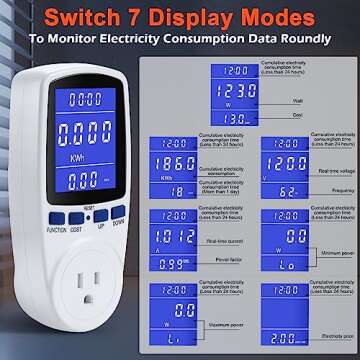 Upgraded Brighter LCD Display Night Vision Power Meter Plug, Power Consumption Monitor Energy Voltage Amps Electricity Usage Monitor, Overload Protection, 7 Display Modes for Energy Saving, Watt Meter