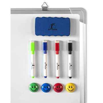 Whiteboard Set - Dry Erase Board 24 x 18 in with 1 Magnetic Dry Eraser, 4 Dry Wipe Markers and 4 Magnets - Small White Hanging Message Scoreboard for Home Office School (24x18 in)