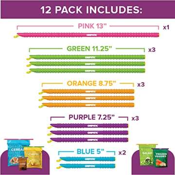 GripStic Bag Clips. 12pc Durable Food Clip Set for Kitchen Storage. Reusable Chip Bag Clips. Color Coded Bag Closure Sticks Provide Air Tight Seal. Durable Cereal Bag Clips. Chip Clips Reinvented.