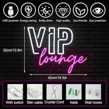 Horseneon VIP Lounge Neon Signs for Wall Decor, VIP Neon Lights Signs for Room Decor, Led Light Up Sign with USB Powered for Bar, Hotel, Cafe, VIP Room, Home Decoration (Pink&White)