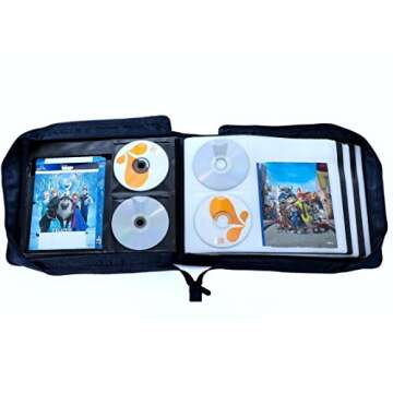 DVD CD Storage Case with Extra Wide Title Cover Pages for Blu Ray Movie Music Audio Disk (Portable Carrying Binder Holder Wallet Album Home Organizer Shelf )- 128 Disc Units & 64 Booklet Pockets