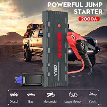 NEXPOW 2000A Peak Car Jump Starter with USB Quick Charge 3.0 (Up to 7.0L Gas or 6.5L Diesel Engine), 12V Portable Battery Starter, Battery Booster with Built-in LED Light