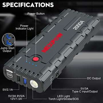 NEXPOW 2000A Peak Car Jump Starter with USB Quick Charge 3.0 (Up to 7.0L Gas or 6.5L Diesel Engine), 12V Portable Battery Starter, Battery Booster with Built-in LED Light