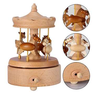 Clockwork Mechanism Carousel Wooden Music Box Wooden Merry-Go-Round Horse Musical Box Musical Box Best Birthday Kids Girls Friends