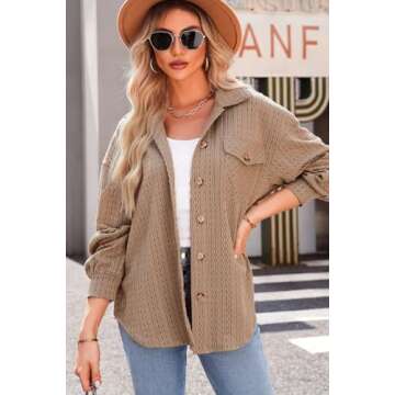 Dokotoo Womens Oversized Casual Cable Knit Shacket Jacket Button Down Long Sleeve Shirts for Women Loose Soft Business Work Ladies Blouses and Tops Comfy Fall Fashion Outfits 2024 Beige X-Large