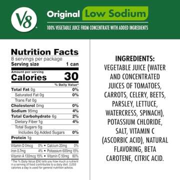 V8 Low Sodium Original 100% Vegetable Juice, Vegetable Blend with Tomato Juice, 5.5 Fl Oz - 8 Count (Pack of 6)