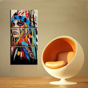 Meiji Native American Painting Indian Canvas Wall Art Indians Woman Girl Colorful Feathered Prints Wrapped on Frames for Home Wall Art Decoration (14x20inchx3 Pieces)