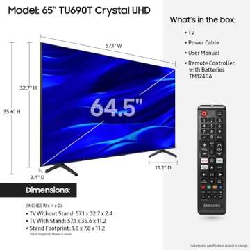 SAMSUNG 65-Inch Class Crystal UHD 4K TU690T Series HDR Smart TV Powered by Tizen w/Dolby Digital Plus, Direct Lit LED, Mobile Mirroring, Adaptive Sound, Alexa Built-in (UN65TU690T Model) (Renewed)