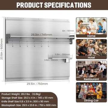 Range Backsplash - 24 x 30 Inch Stainless Steel Backsplash Wall Shield for Stove - Range Hood Stainless Backsplash with Storage Shelf and Hanging Rack, Stainless Backsplash Panel for Easy Installation