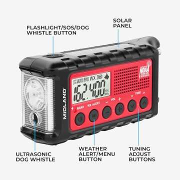 Midland - ER310, Emergency Crank Weather AM/FM Radio - Multiple Power Sources, SOS Emergency Flashlight, Ultrasonic Dog Whistle, & NOAA Weather Scan + Alert (Red/Black)