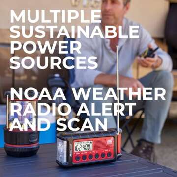 Midland - ER310, Emergency Crank Weather AM/FM Radio - Multiple Power Sources, SOS Emergency Flashlight, Ultrasonic Dog Whistle, & NOAA Weather Scan + Alert (Red/Black)