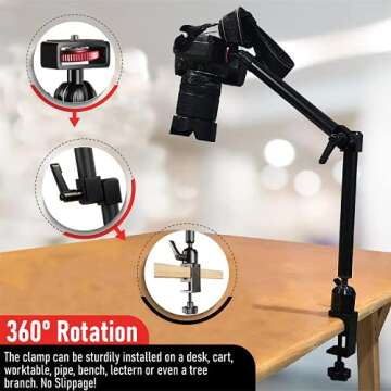 Arkscan MCM5 Tabletop Photography Videography Live Stream Zoom Meeting Classroom Table clamp Mount with ¼-20 mounting Bolt for iPhone Android Smartphone, and Nikon Sony Canon Camera & Camcorder