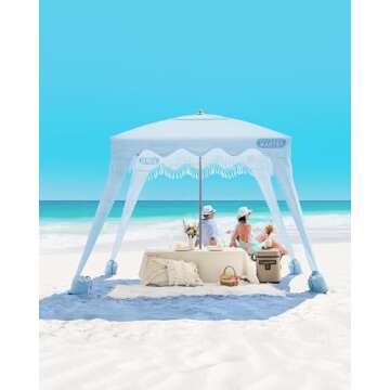 OutdoorMaster Beach Cabana with Fringe, Portable 6' x 6' Beach Canopy, Easy Set Up Beach Shelter, Included Side Wall, UPF 50+ UV Protection Sun Umbrella - for Kids, Family & Friends -Wave Point