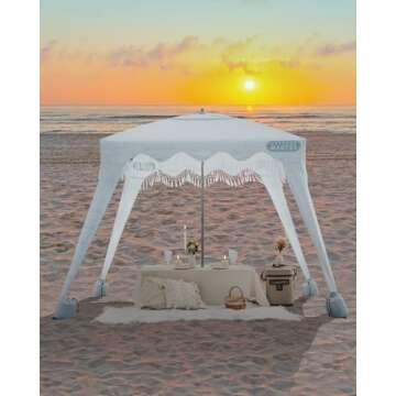 OutdoorMaster Beach Cabana with Fringe, Portable 6' x 6' Beach Canopy, Easy Set Up Beach Shelter, Included Side Wall, UPF 50+ UV Protection Sun Umbrella - for Kids, Family & Friends -Wave Point