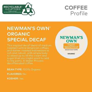 Newman's Own Organics Special Blend Decaf Keurig Single-Serve K-Cup Pods, Medium Roast Coffee, 60 Count (6 Packs of 10)