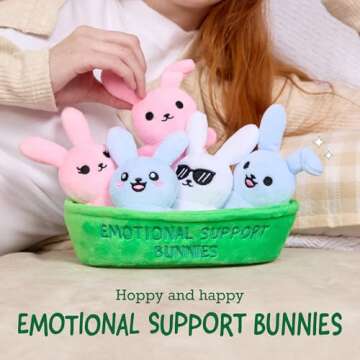 WHAT DO YOU MEME? Emotional Support Bunnies by Relatable, Cuddly Stuffed Animals and Toys, Squishy Toys and Plushies, Great Ideas for Loved Ones of All Ages, Includes 5 Plushies with Carrying Basket